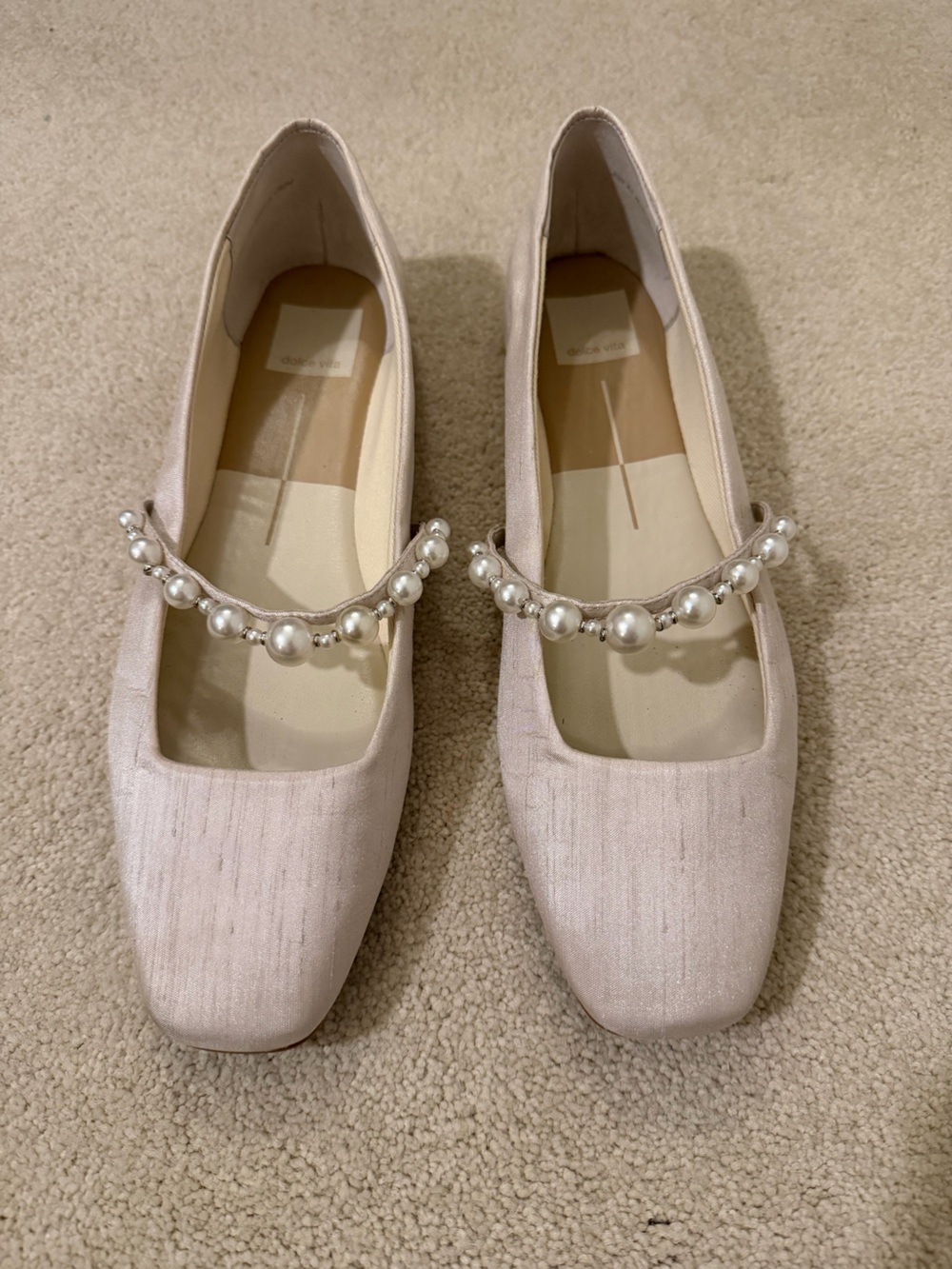 Dolce Vita Roxana Ivory Satin Pearl Square Toe Slip On Ballet Flats